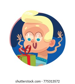 Vector round blue frame with cartoon image of a funny baby boy with blond hair in a blue diaper sitting with a green gift and smiling on a white background. Children, childhood, birth. 