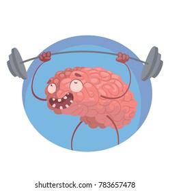 Vector round blue frame with cartoon image of a funny pink brain with arms and legs, standing, lifting a barbell and smiling on a white background. Mind, business, education. Vector illustration.