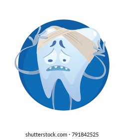 Vector round blue frame with cartoon image of a funny white tooth standing, bandaged with a bandage, and suffering on a white background. Dentistry, health, teeth. Vector illustration.