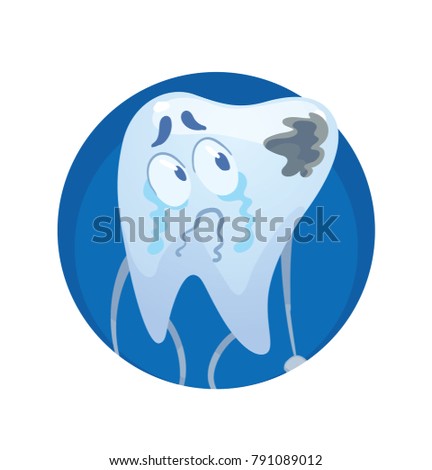 Vector round blue frame with cartoon image of a funny white tooth standing, afflicted with caries, and crying on a white background. Dentistry, health, teeth. Vector illustration.