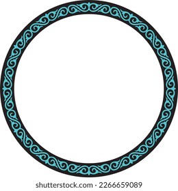 Vector round blue Kazakh national frame. Ornamental circle. Ethnic pattern of nomadic peoples of the Great Steppe, Kyrgyz, Mongols, Bashkirs, Buryats, Kalmyks