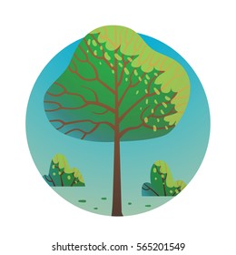 Vector round blue label with cartoon image of a lush green tree with a brown trunk and branches, with small green bushes below in the center on a white background. Nature, forest. 