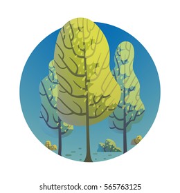 Vector round blue label with cartoon image of three green trees with brown trunks and branches, with small green bushes below in the center on a white background. Nature, forest. 