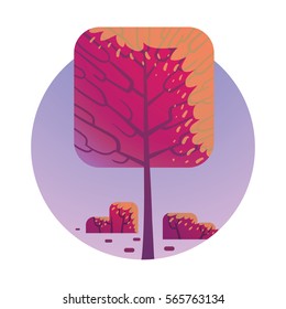Vector round blue label with cartoon image of a square red tree with brown trunk and branches, with small red bushes below in the center on a white background. Nature, forest. 