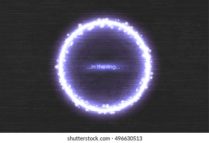 Vector round blue shiny frame with spark on brushed metal background. Technology light ring for logo or message. Abstract Glow circle energy tech concept