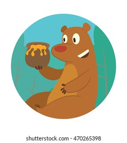 Vector round blue-green frame with trees and with cartoon image of a cute brown bear sitting with a pot of honey in his paw and smiling in the center on a white background. Vector illustration.