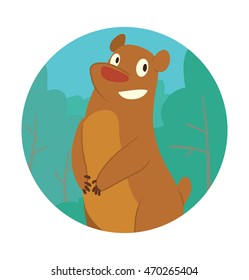 Vector round blue-green frame with trees and with cartoon image of a cute brown bear standing and smiling in the center on a white background. Vector illustration of funny forest brown bear.