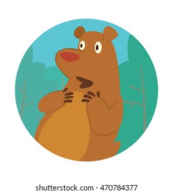 Vector round blue-green frame with trees and with cartoon image of a cute brown bear standing and wondering something in the center on a white background. Vector illustration.