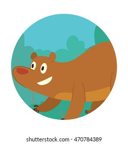 Vector round blue-green frame with trees and with cartoon image of a cute brown bear standing on four paws and smiling in the center on a white background. Vector illustration.