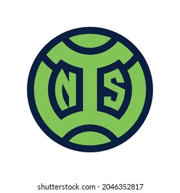 Vector round blue-green tennis ball tournament logo with letters in the middle. Sport illustration.