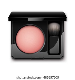 Vector Round Blusher in Black Rectangular Plastic Case with Makeup Brush Applicator Top View Isolated on White Background