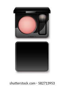 Vector Round Blusher in Black Rectangular Plastic Case with Makeup Brush Applicator Top View Isolated on White Background