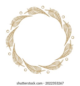 Vector round boho style frame. Feathers and beads card template.