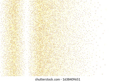  Vector round bokeh. Abstract iridescent background. Birthday card with metallic texture. Gold confetti. Isolated golden dust particles. Chaotic bridal backdrop. Geometric anniversary illustration.