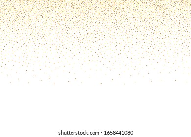  Vector round bokeh. Abstract iridescent background. Gold confetti. Isolated golden dust particles. Chaotic bridal backdrop. Birthday card with metallic texture. Geometric anniversary illustration.