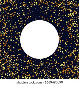 Vector Round Bokeh. Abstract Iridescent Background. Geometric Anniversary Backdrop. Random Bridal Backdrop. Foil Border. Gold Confetti on Black. Isolated Golden Dust Particles. Fluid Birthday Card.