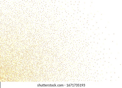  Vector round bokeh. Abstract iridescent background. Geometric anniversary illustration. Birthday card with metallic texture. Gold confetti. Isolated golden dust particles. Chaotic bridal backdrop.