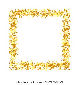 Vector Round Bokeh. Abstract Iridescent Birthday Card. Geometric Anniversary Backdrop. Random Bridal Backdrop. Foil Border. Gold Confetti on White Background. Isolated Golden Dust Particles.