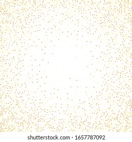 Vector Round Bokeh. Gold Confetti on White Background. Isolated Golden Dust Particles. Abstract Iridescent Birthday Card. Random Bridal Backdrop. Foil Border. Geometric Anniversary Backdrop.