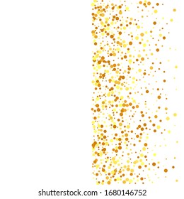 Vector Round Bokeh. Gold Confetti on White Background. Isolated Golden Dust Particles. Geometric Anniversary Backdrop. Random Bridal Backdrop. Foil Border. Abstract Iridescent Birthday Card.