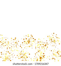  Bokeh redonda de vectores. Confetti dorado sobre fondo blanco. Partículas de polvo dorado aisladas. Fondo nupcial al azar. Borde de aceite. Fondo del aniversario geométrico. Tarjeta de cumpleaños irlandés abstracta.