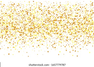  Bokeh redonda de vectores. Fondo nupcial al azar. Borde de aceite. Confetti dorado sobre fondo blanco. Partículas de polvo dorado aisladas. Tarjeta de cumpleaños irlandés abstracta. Fondo del aniversario geométrico.