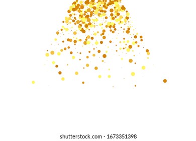 Vector Round Bokeh. Random Bridal Backdrop. Foil Border. Abstract Iridescent Birthday Card. Gold Confetti on White Background. Isolated Golden Dust Particles. Geometric Anniversary Backdrop.