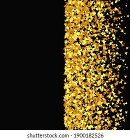 Vector Round Bokeh. Random Bridal Backdrop. Foil Border. Gold Confetti on Black Background. Isolated Golden Dust Particles. Abstract Iridescent Birthday Card. Geometric Anniversary Backdrop.
