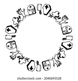 Vector round border for Halloween. Frame of doodle-style elements, zombie hand, coffin, grave, cross, cleaver, tombstone, isolated black outline on a circle is located on a white background