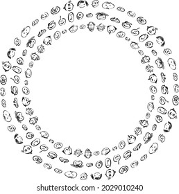 Vector round border from various human doodle faces 