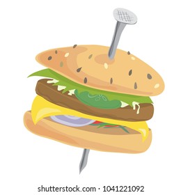 Vector round bread rolls with meat cutlet and greens pierced through a nail on a white background
/ Cheeseburger with high iron content
