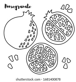 Vector round bunch of outline Pomegranate half and whole fruit, ornate leaf and seed in black isolated on white background. Pomegranate contour drawing for exotic summer design or coloring book.