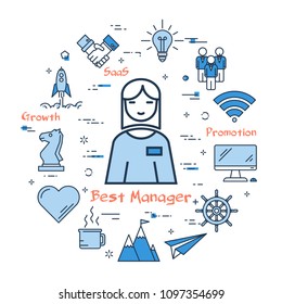 Vector round business concept of best woman manager with blue linear icons on white background. Modern web banner. Concept of technical support, call center and work operator in internet