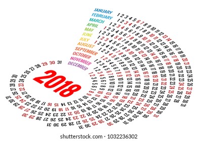 Vector Round Calendar 2018 on White Background. Portrait Orientation. Set of 12 Months. Planner for 2018 Year.