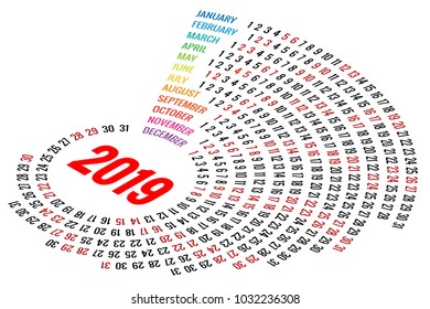 Vector Round Calendar 2019 on White Background. Portrait Orientation. Set of 12 Months. Planner for 2019 Year.