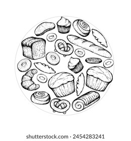 Vector round card bakery menu design. Hand drawn sweet baking illustration with bread and pastries sketch. Bakery on sticker. Food sketch illustration.