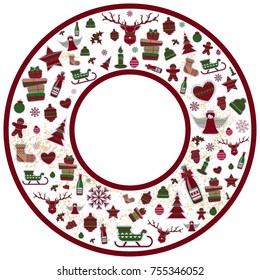 Vector round card of elements for the new year. Christmas decorations. Brush stroke. It can be used for backgrounds, websites, brochures, postcards, etc.