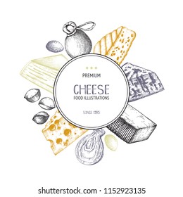 Vector round card or invitation design with cheese sketches. Hand drawn food illustrations on white background. Vintage ingredients and milk products frame. Restaurant or shop menu template.  