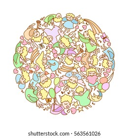 Vector round card of little fly angels with heart.