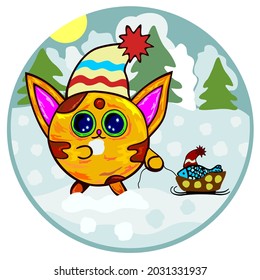 Vector round cartoon illustration of a kitten, walking in winter forest with a fish in sleigh.