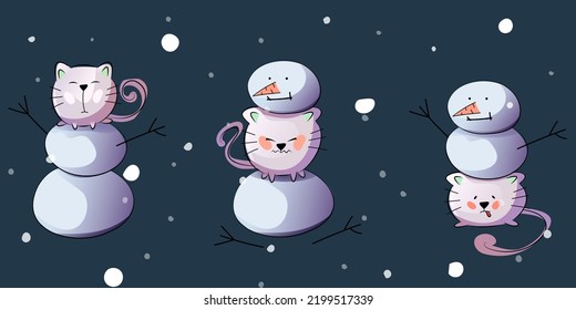 Vector round cat plays with a snowman. A cat on a snowman, under a snowman, hides between snow globes. The snowman crushed the cat.