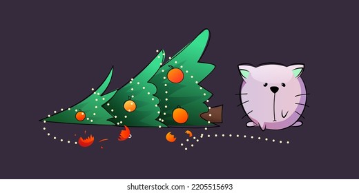 Vector round cat sits upset near the Christmas tree. The cat dropped the Christmas tree, broke New Year's toys.
