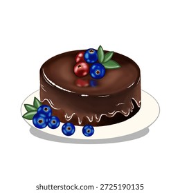 Vector of a round chocolate berry cake with thick and shiny chocolate icing with garnish of blueberries, red berries, and green leaves, on plate and some blueberries. designs for logos and stickers.