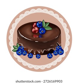 Vector of a round chocolate berry cake with thick and shiny chocolate icing with garnish of blueberries, red berries, and green leaves, on plate and some blueberries. designs for logos and stickers.