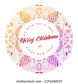 Vector round Christmas frame with hand drawn natural winter elements. Christmas greeting card design.