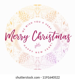 Vector round Christmas frame with hand drawn natural winter elements. Christmas greeting card design.