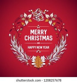 Vector round Christmas frame with hand drawn natural winter elements. Christmas greeting card design.