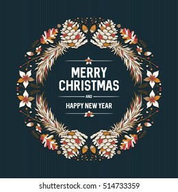 Vector round Christmas frame with hand drawn natural winter elements. Christmas greeting card design.