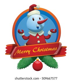 Vector round Christmas frame with red banner, fir branches and with cartoon image of a funny snowman 