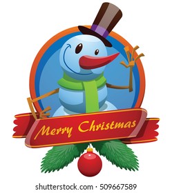 Vector round Christmas frame with red banner, fir branches and with cartoon image of a funny snowman 